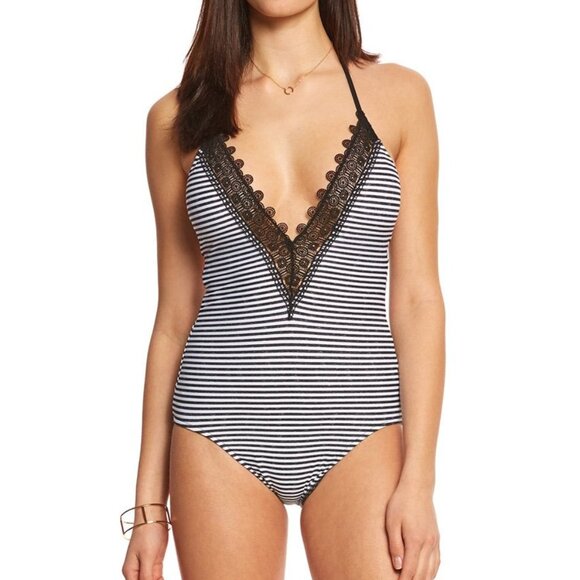 Seafolly NWT Sz US 4 Black White Stripe One-Piece Swim Swimsuit‎ Lace Halter - Picture 1 of 10